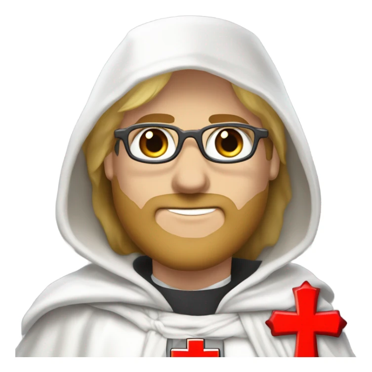 blond haired Masonic knight Templar wearing glasses and a white tunic with a Red Cross on the front and a white mantle with a hood with a Red Cross on the left side and a male face  and holding a sword. sticker