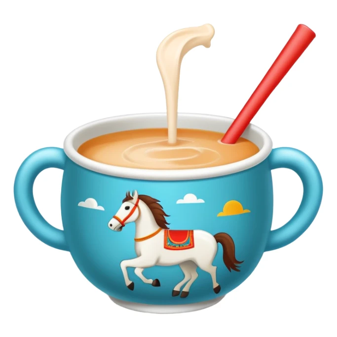 Mongolian milk tea bowl with horse-shaped handle, simplified emoji style with bold outlines and bright colors, cartoon style traditional nomadic drink sticker