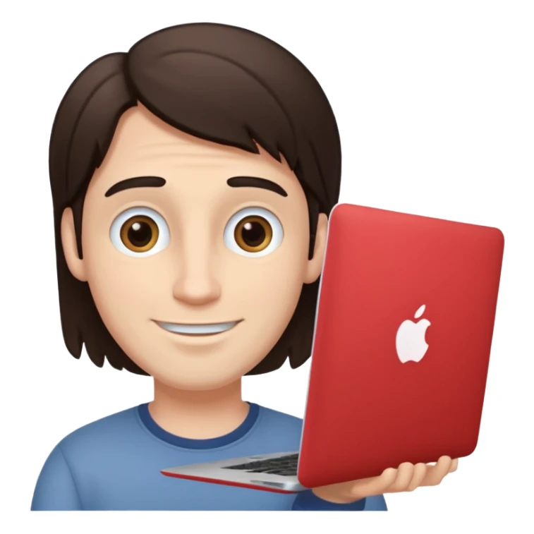 A white brunette man in his mid 20s, middle part average dude with slightly droopy eyes, happy, using a MacBook (no logo), hero for an iOS developers website sticker
