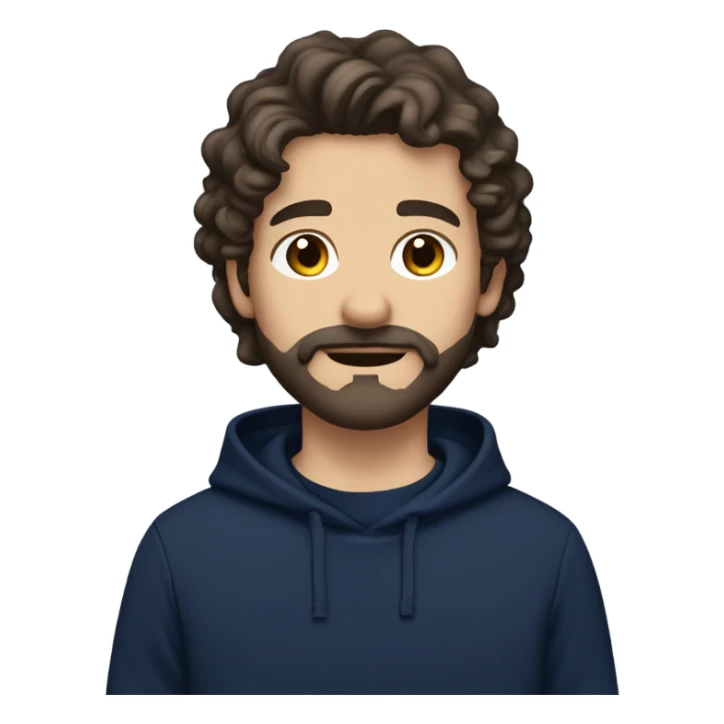 White boy with dark brown medium length wavy hair and a beard and mustache and pretty hazel eyes in a navy sweatshirt sticker