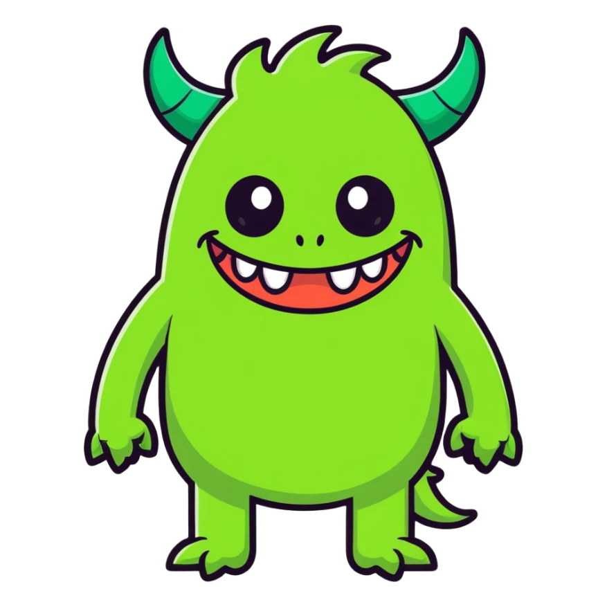 funny green monster, no teeth, small horns, smiling sticker