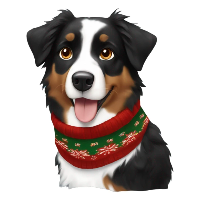 Black and brown Australian shepherd with Christmas sweater sticker
