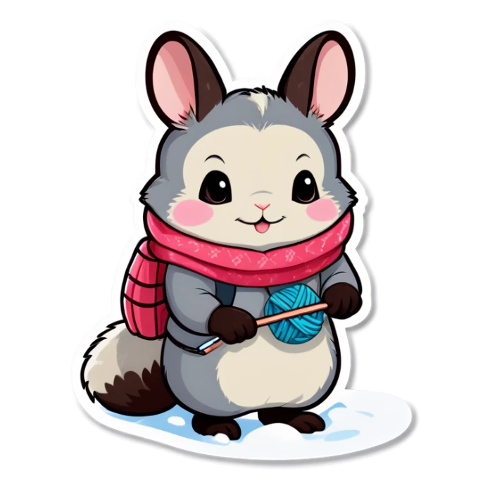 Cute girl chinchilla knitting on snow skis sticker