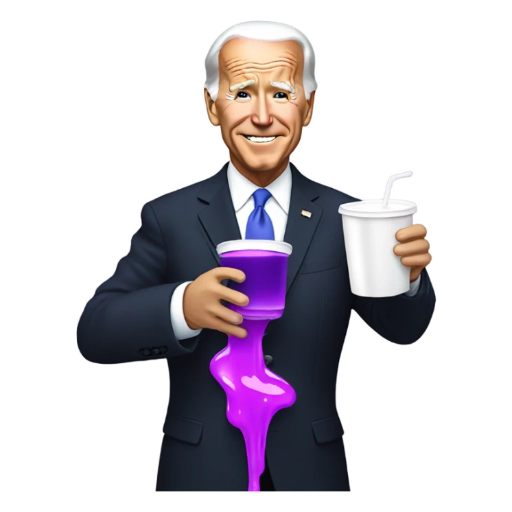 biden with purple liquid spilling out of white cup sticker