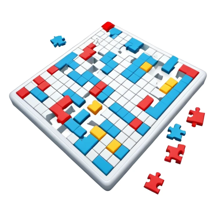 A photorealistic icon with a crossword magazine, a 3D puzzle and a partially completed puzzle on a table. Bright, detailed design with realistic lighting. Transparent background, clearly symbolizing puzzles and brain games. sticker