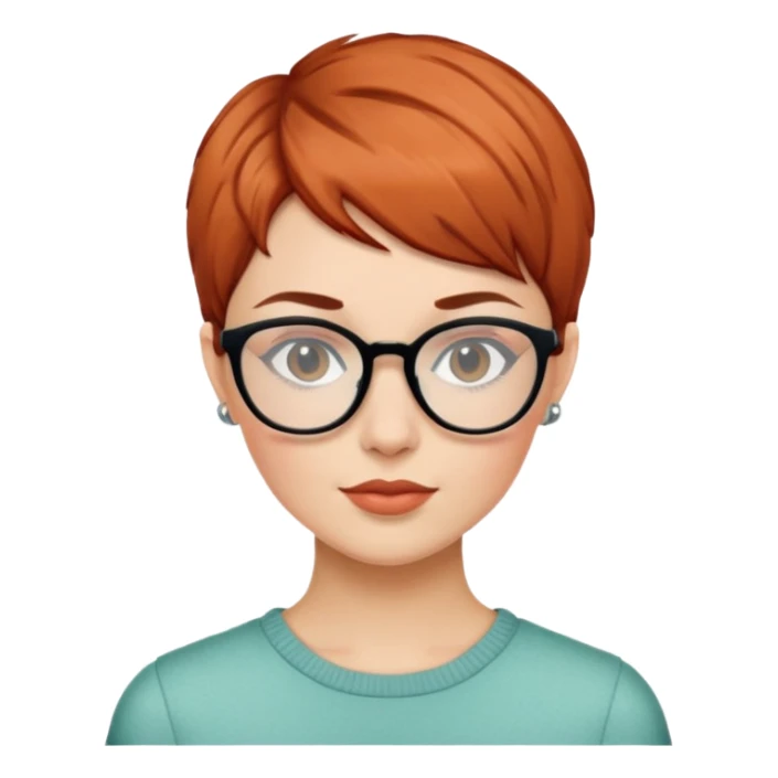 woman in her 20s with auburn pixie cut (side part) and glasses sticker