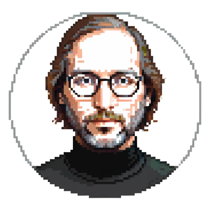 Steve Jobs with black turtleneck, round glasses, beard sticker