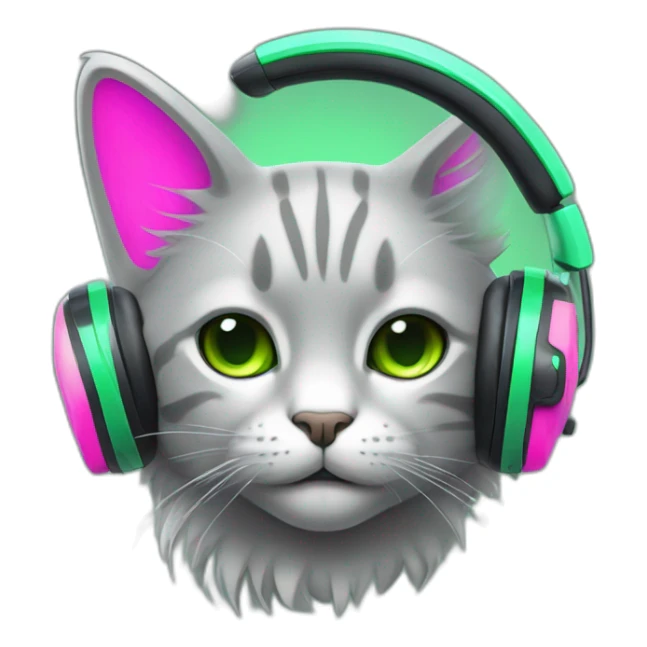 un gato gris con auriculares neon de color verde y rosa sticker