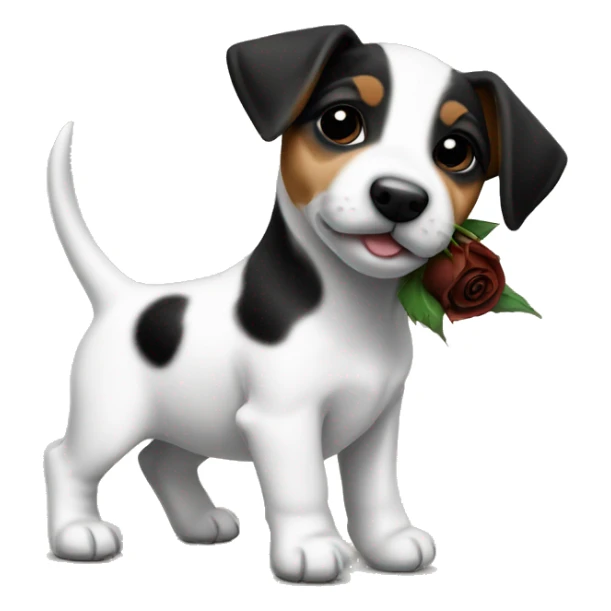 A jack russell puppy with a black rose sticker