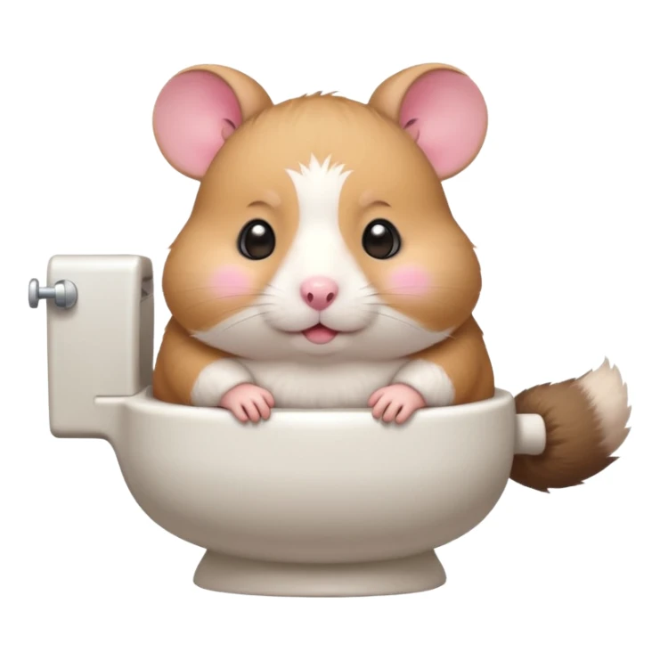 Cute chubby cartoon-style hamster sitting on toilet, sticker-style illustration sticker