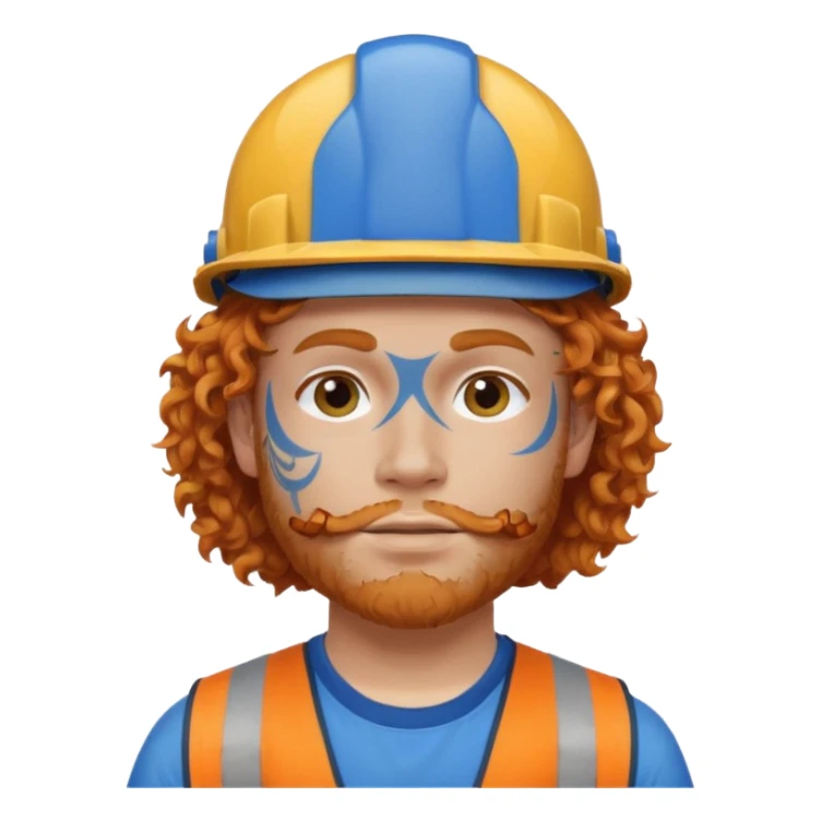 construction worker man ginger curly hair, blue helmet and heavy face tattoo sticker