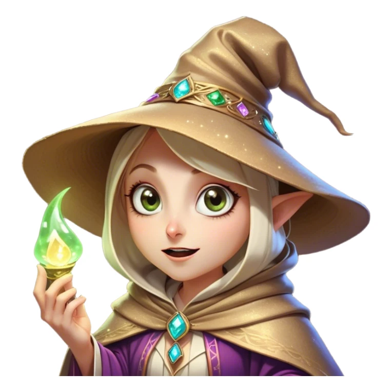 Clash of Clans aesthetic Comical Mage Portrait Emoji, Head tilted dramatically with an exaggerated, fun expression and wide, comically expressive eyes beneath an oversized hat, featuring a quirky, compact robed form with animated magical sparkles and natural skin tone, Simplified yet hilariously expressive features, highly detailed, glowing with a slightly sassy enchanted glow, high shine, dramatic yet playful, stylized with an air of cheeky arcane mischief, soft glowing outline, capturing the essence of a meme-worthy mage who conjures laughter in epic quests! sticker