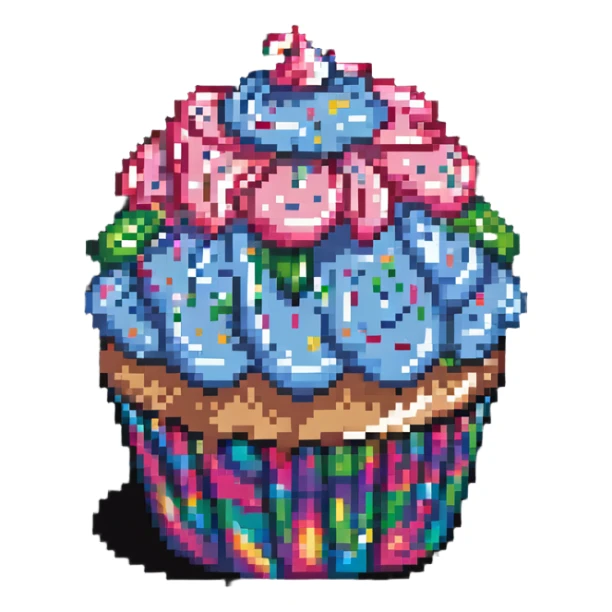 large cupcake with pink frosting covered in rainbow sprinkles in pixel art style sticker