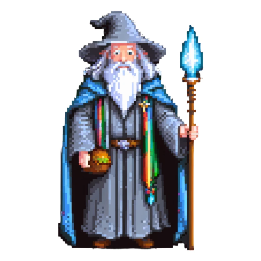 Gandalf the wizard with white beard, staff, and magical robe sticker