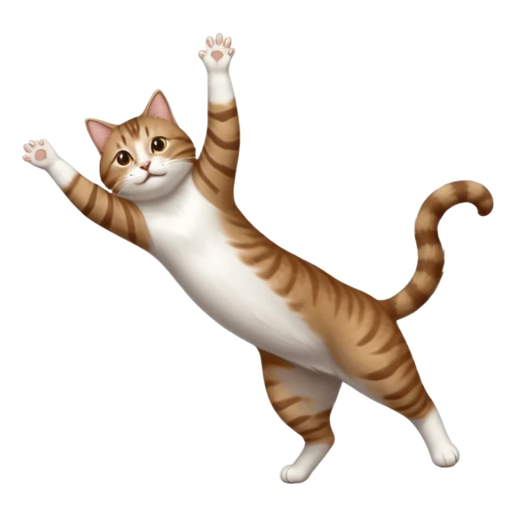 brown tabby and white cat with doing a big extremely long stretch reaching up into the air with arms and legs side by side together straight and overextended whilst lying on its side sticker