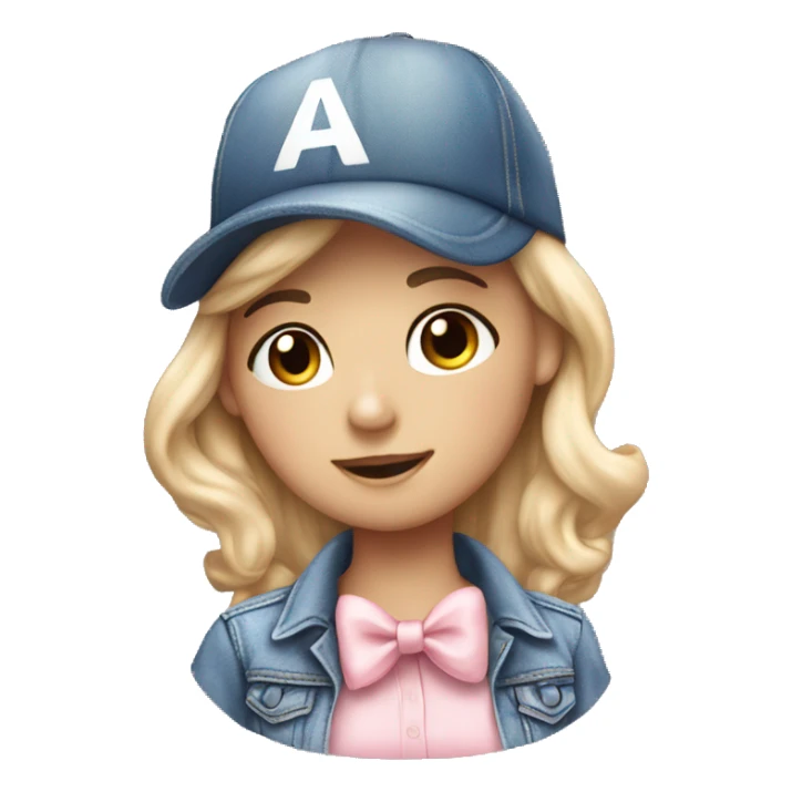 A white beautiful girl wearing denim baseball cap and a soft pink bow tie sticker