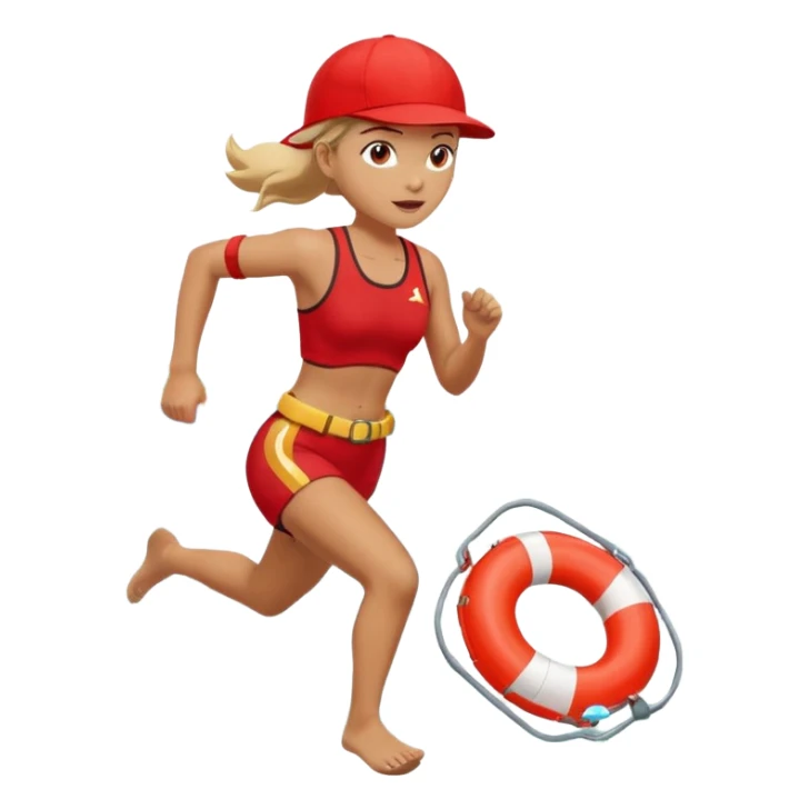 Female lifeguard – red cap, running along shore with rescue buoy sticker