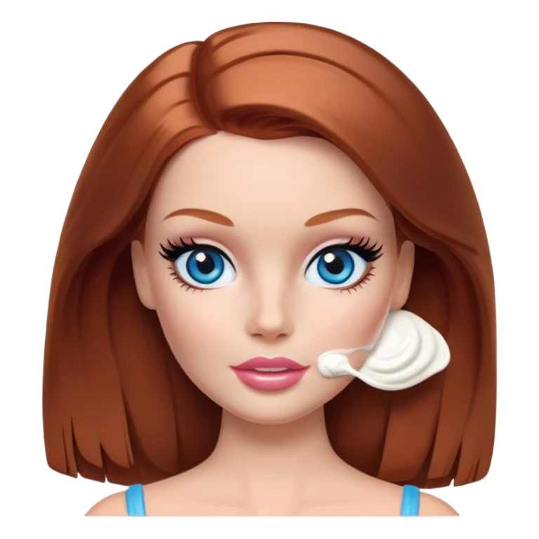 A Barbie face blue eyes with shoulder-length reddish brown hair, makeup with a cream mask on her face on her head sticker