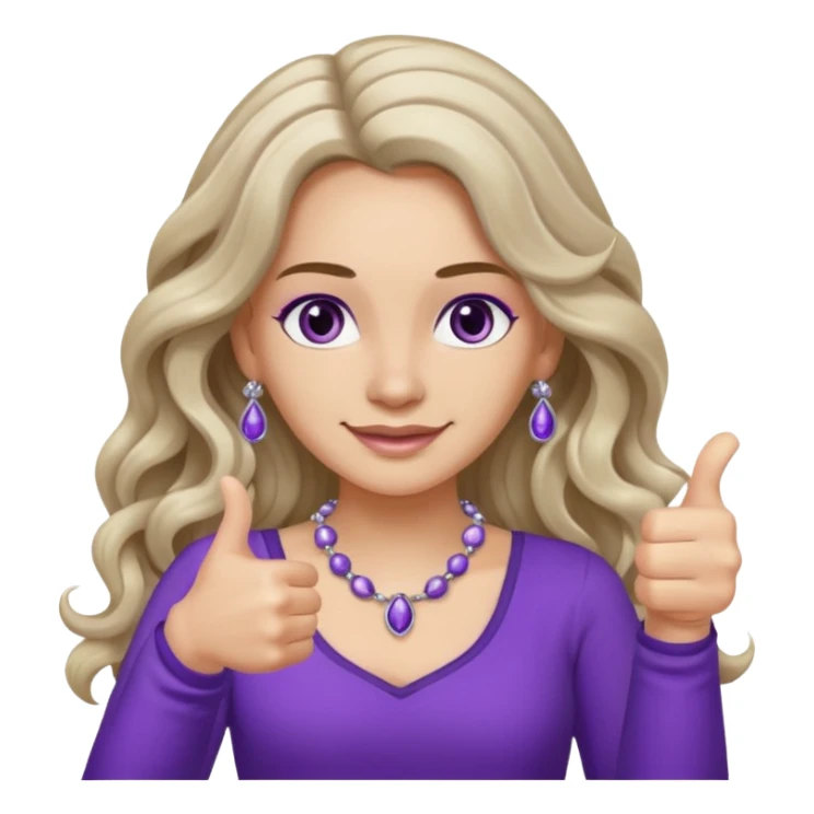 lady with long wavy русые hair, purple top, коричневыми eyes, thumbs up, с бусами белые и серебром на шее sticker