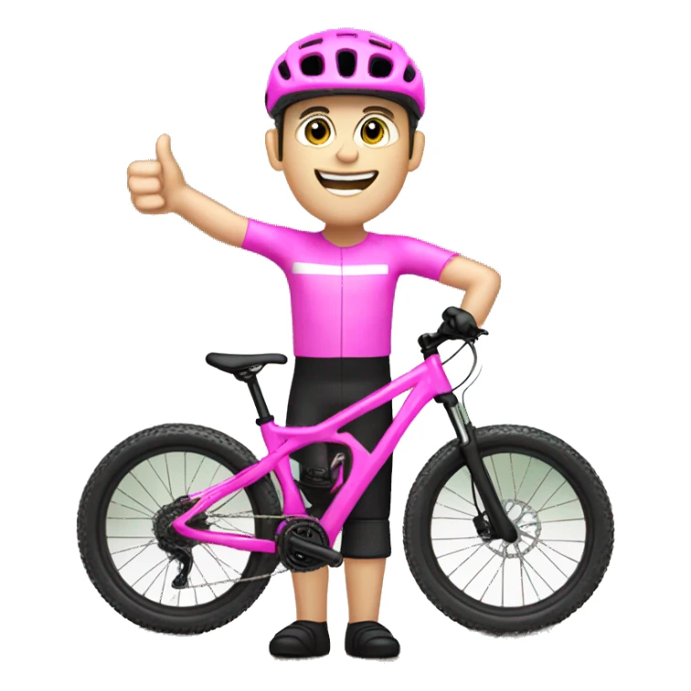 mountain biker with white skin, on pink bike with thumb up sticker