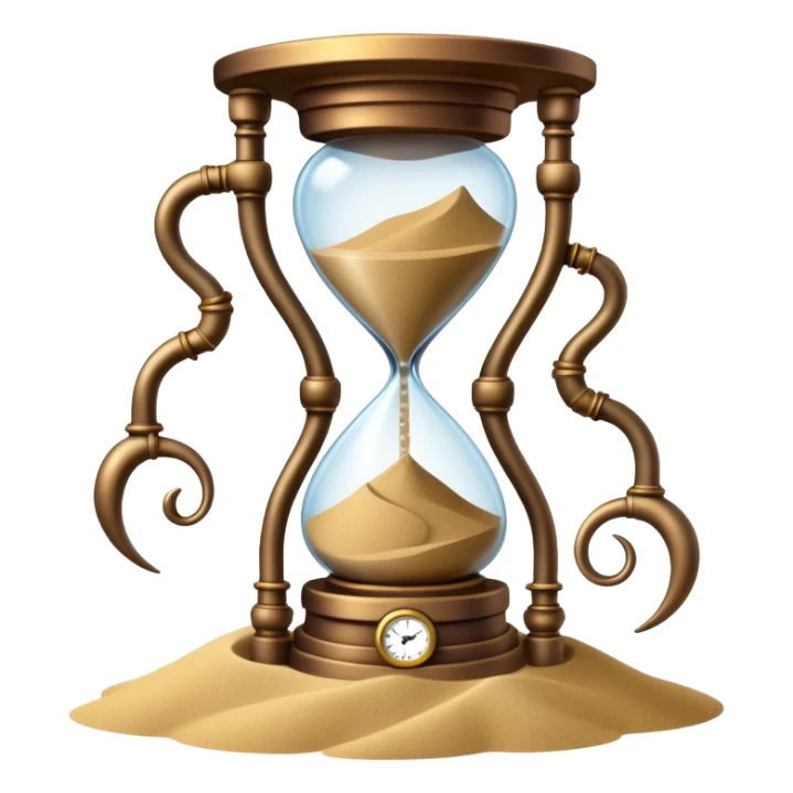 A timekeeping beast with eyes and an hourglass-shaped torso filled with enchanted sand that flows upward instead of down, surrounded by clockwork appendages that tick in rhythm with nearby life forces. sticker