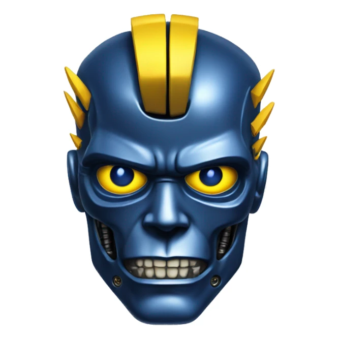 Terminator robot head with dark blue metallic skin and yellow Mohawk  sticker