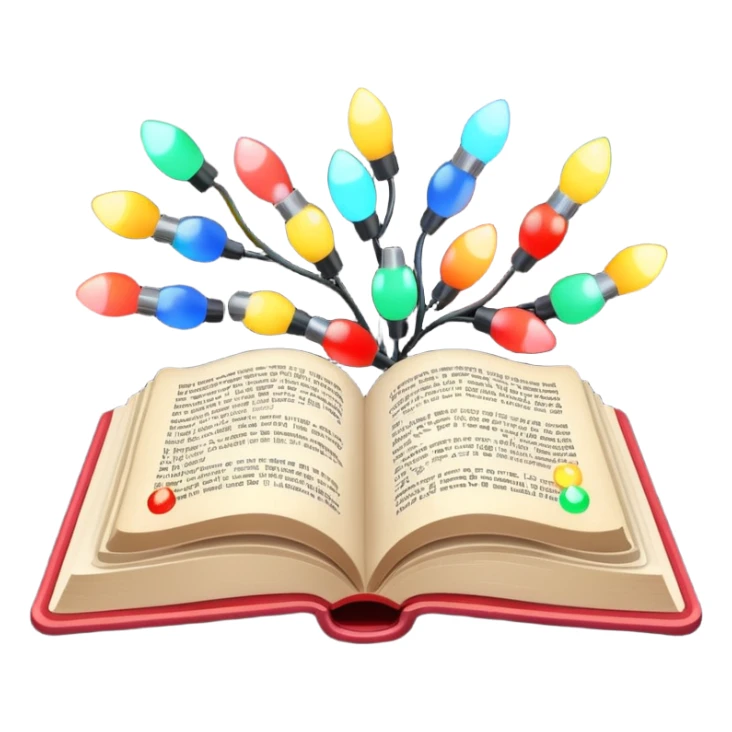 An open book with Christmas lights on the side sticker