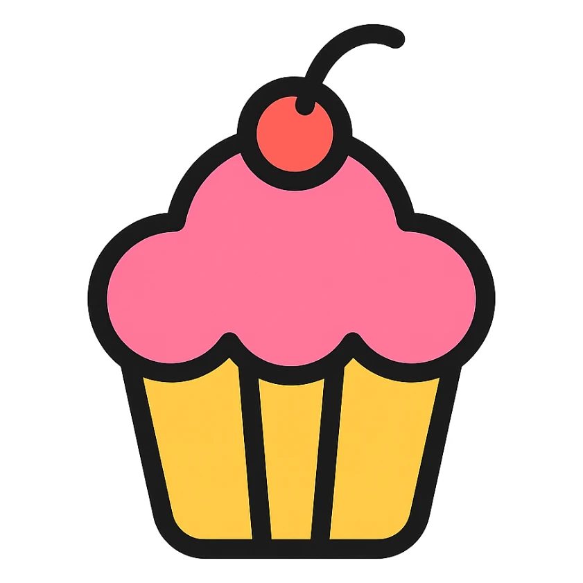cupcake with pink icing and a cherry on top, color outline icon style sticker