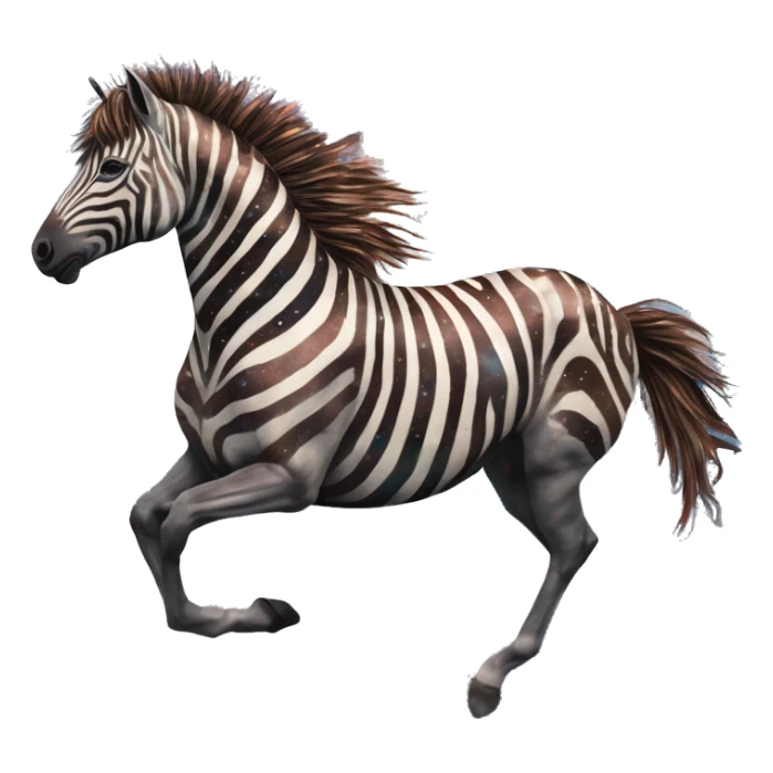 Ethereal zebra newspaper cutting flowers graffiti magazine collage glittering iridescent rich chestnut brown blue mane horse galloping through constellations and nebulas, unicorn Pegasus sticker