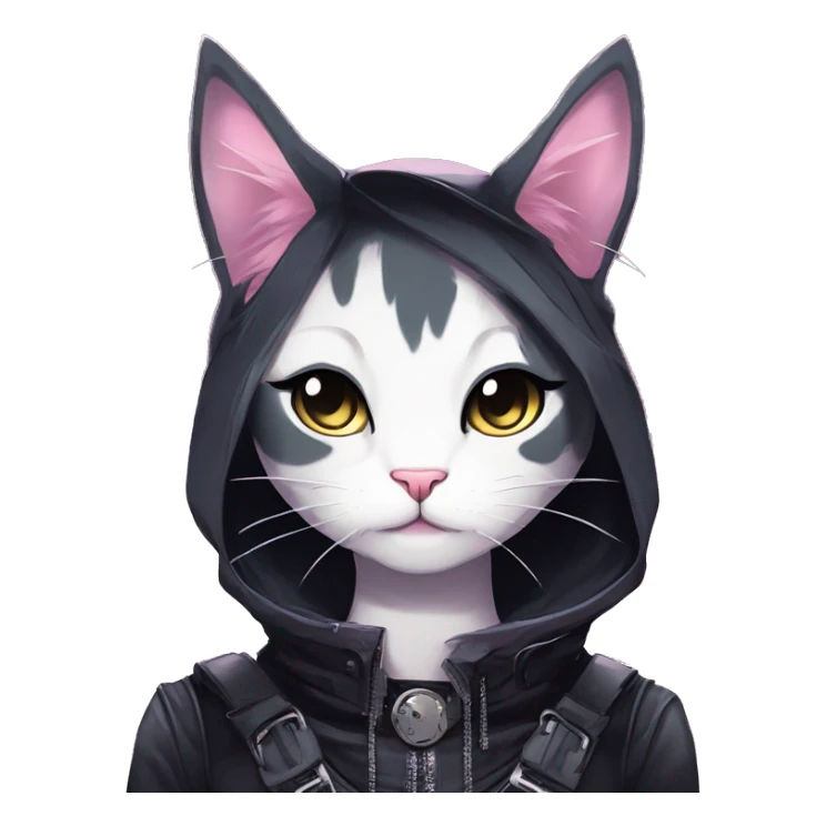 Gorgeous edgy shiny epic magical gradient gothic dark techwear anime style anthro cat with blushing face aesthetic and pretty edgy black with collar and harness trending style sticker