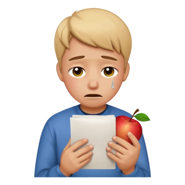emoji student sad holding paper IELTS 5.5, crying, failure, white background, apple emoji style sticker