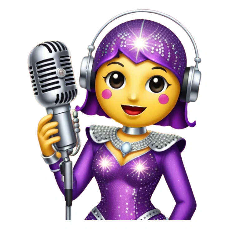 Create a glamorous and vibrant emoji representing stage vocal performance. The design should feature a humanless collage of classic vintage microphone, stage costume covered in rhinestones, large scene speakers, scene lights. The costume should be stylized, with glittering elements like sequins and sparkles, and reflect the glitzy, extravagant nature of show business. The microphone should have a sleek, retro look with chrome or metallic accents. Use rich, dazzling colors like gold, silver, deep purple, and bright red to evoke the glamorous, larger-than-life feel of a stage performance. The background should be transparent. sticker