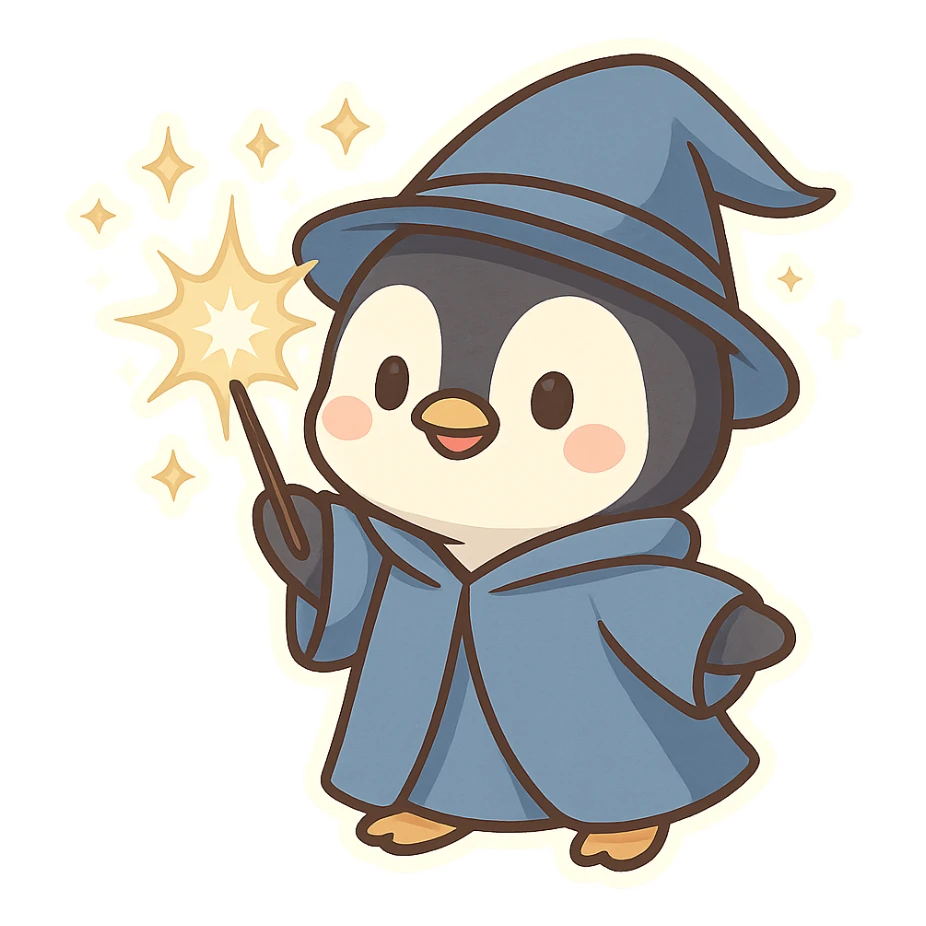 a cute penguin wizard casting a spell, wearing a robe and holding a wand, magical sparkles around sticker