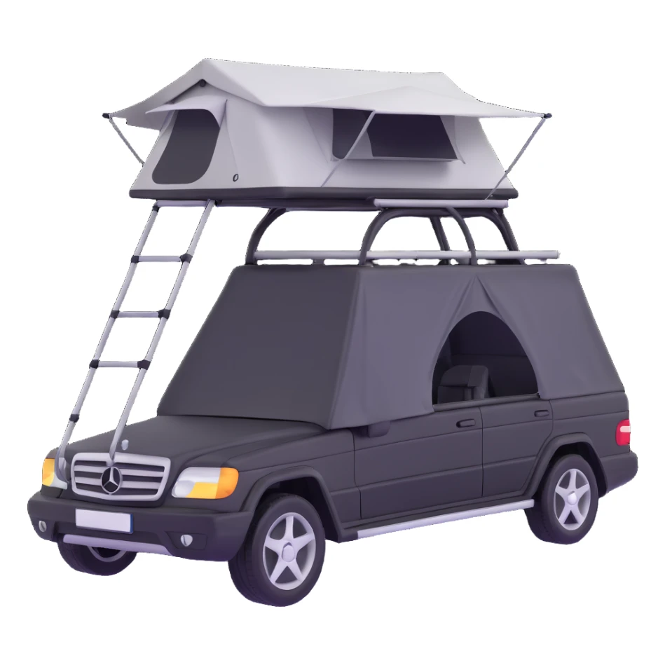 black Mercedes Benz car with roof tent sticker