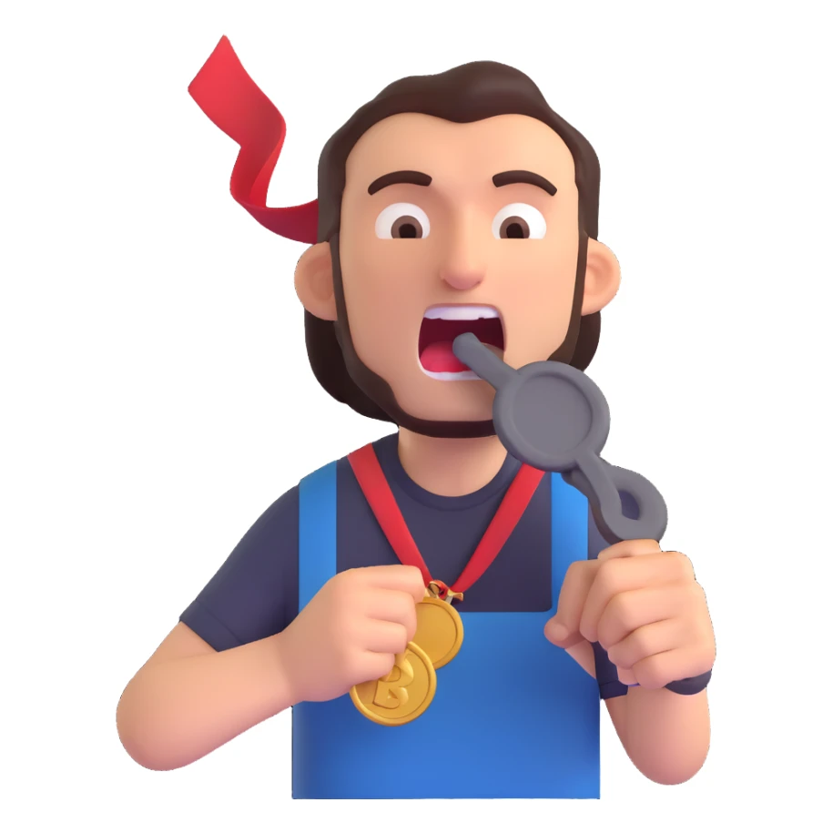 a man trying to bite an iron medal, expressive, clear action sticker