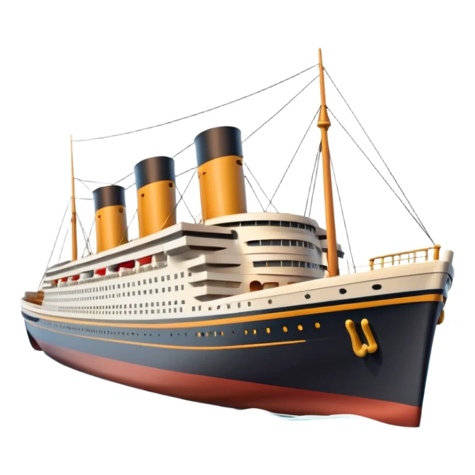 A 3D emoji of a Titanic ship in Apple style, glossy and smooth surface, bright clean colors with subtle shading, simple and minimal details, no face or expressions, floating on calm ocean, soft shadows, high-quality render, isolated on white background.


 sticker