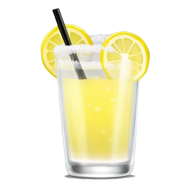 clear lowball glass with clear bubbly with a yellow tint liquid inside with a fresh lemon slice garnish on rim white salt down the side of the rim and a black straw sticker