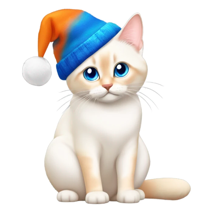 chubby flame point Siamese, white fur with orange accents and blue eyes wearing a Christmas hat ￼ sticker