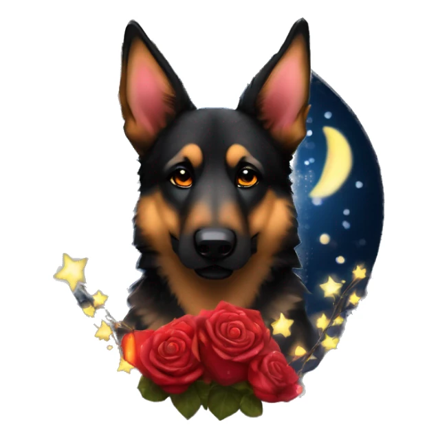 Bokeh Midnight starry night stars dark Brindled striped brindle black German shepherd fox carrying glowing red lantern, fairy lights, rose flower crown, bokeh lights, out of focus blur sticker