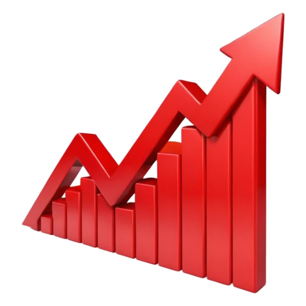 iOS-style 3D emoji: rising red chart with an upward-pointing arrow sticker