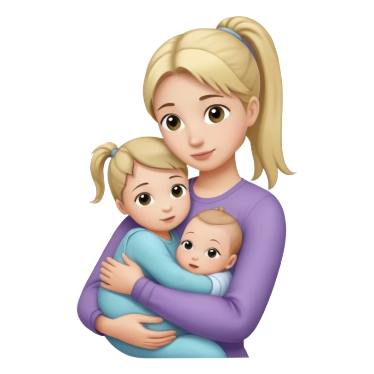 Big sister with ponytail carefully holding newborn baby while hugging younger sister sticker