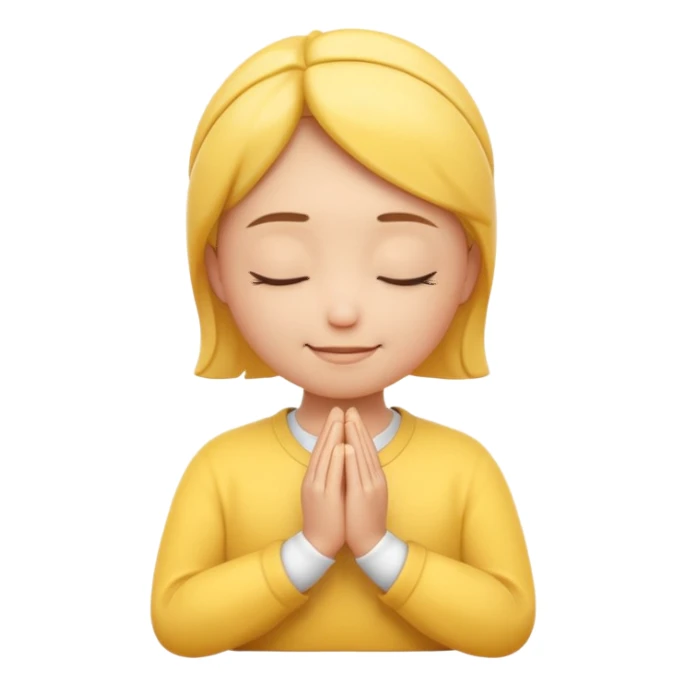 A 3D Apple-style yellow round emoji, calm and patient expression, closed eyes with a gentle smile, hands together in front as if waiting or praying, soft relaxed eyebrows, subtle glow around the head to symbolize patience, clean minimal background sticker