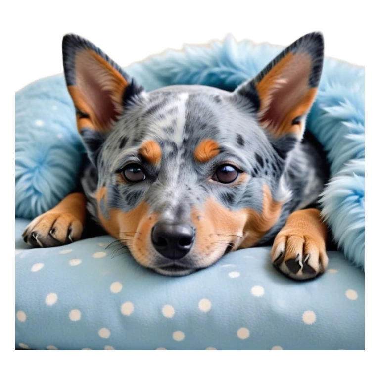 Meme-Worthy Cute Sleeping Blue Speckle Australian Cattle Dog Portrait Emoji, Head resting peacefully with a contented smile, showcasing a robust build and a luxuriously soft blue speckle Fur, eyes shut in a serene nap, Simplified yet hilariously adorable features, highly detailed, glowing with a soft, drowsy light, high shine, relaxed and utterly lovable, stylized with an air of playful laziness, bright and heartwarming, soft glowing outline, capturing the essence of a comically sleepy herder, so meme-worthy it feels like it could instantly become the next viral sensation of adorable slumber! sticker