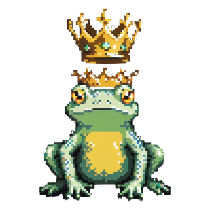 frog wearing a golden crown, sitting, pixel art style sticker