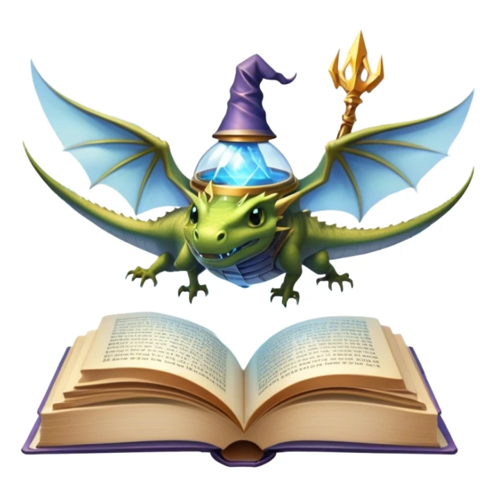Icon for Fantasy and Sci-Fi Reading: an open book with magical creatures like dragons and fairies flying out, with a futuristic spaceship in the sky and a wizard casting spells. The icon should represent the magic and adventure of fantasy and science fiction worlds. Transparent background. sticker