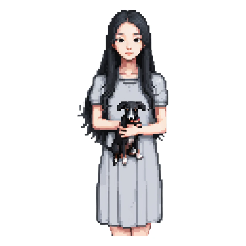 Slim Chinese girl with long black hair holding completely solid grey Italian greyhound with absolutely no white markings anywhere sticker