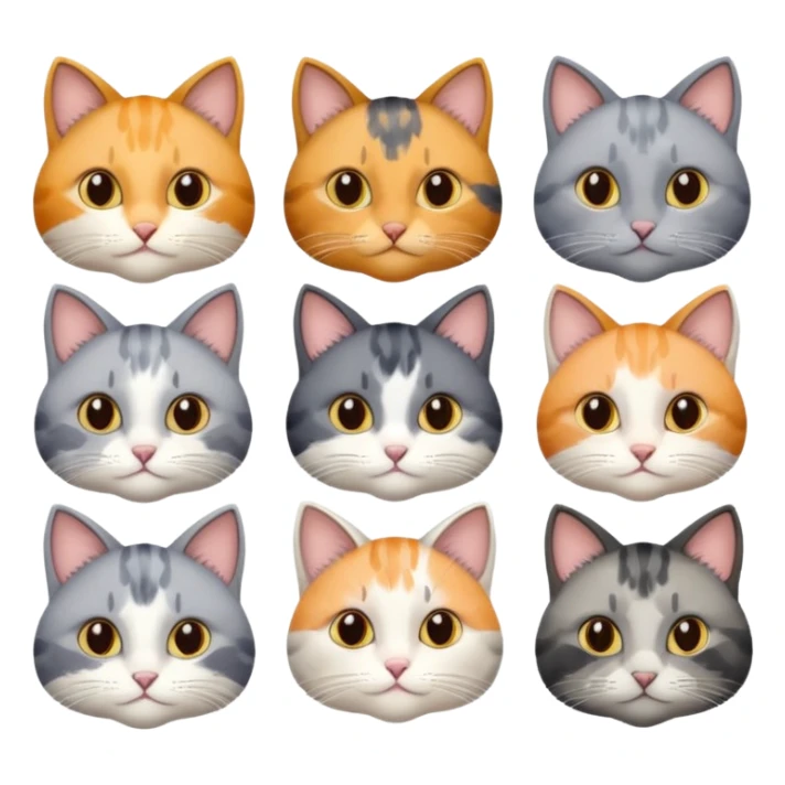 6 realistic looking cats with different natural coloured coats, assorted grey and white, greys, calico colours etc
 sticker