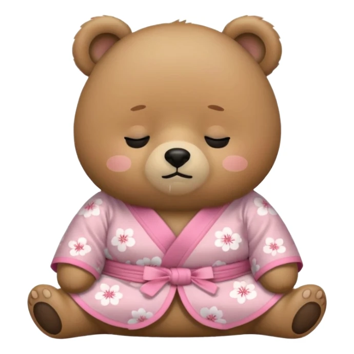 A cute chubby light-brown bear wearing a pastel pink sakura-patterned kimono, tiny body and big round head, adorable simple face, sleepy half-closed eyes, small blush on cheeks, sitting while dozing off, tiny “zzz” floating above the head sticker