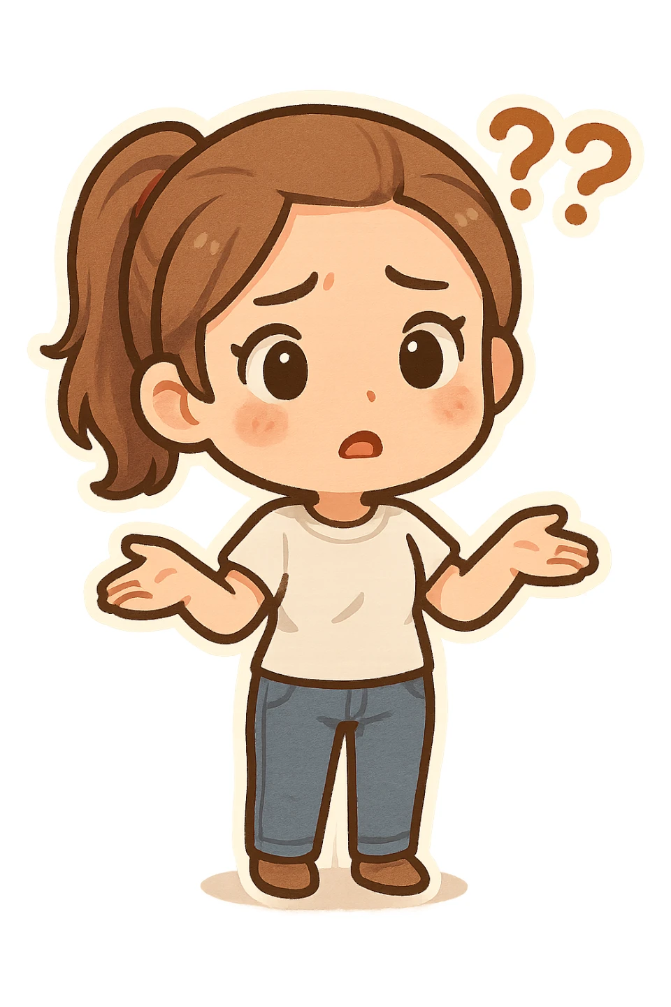 chibi-style woman with a ponytail, white t-shirt, jeans, and a confused look sticker