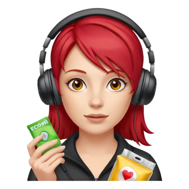 A woman with red hair and gaming headset holding a condom packets sticker